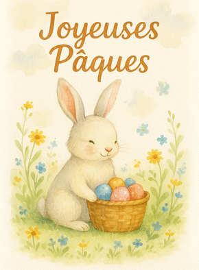 carte Lapin heureux avec son panier d'œufs colorés 