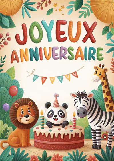 Carte Anniversaire 1 An Thème Jungle Animaux - Avec Autocollants - Format 120x170 Mm - Papier épais 300 G/m² - Idéal Garçon/fille