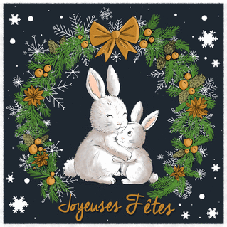 carte Lapins heureux en couronne festive pour No&euml;l 