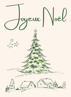 carte Joyeux No&euml;l traditionnel avec sapin et &eacute;toiles 