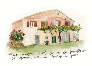 carte Maison familiale estivale en watercolor 