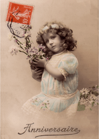 carte ancienne pour fêter un anniversaire avec une petite fille et un bouquet de fleurs