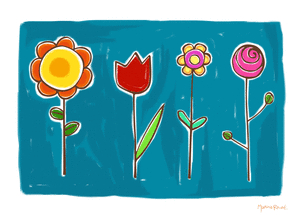 Quatre fleurs sur fond bleu