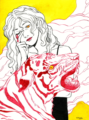 Jeune fille qui pleure et tigre rugissant