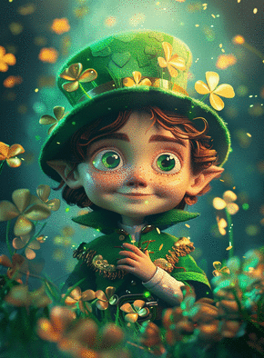 carte Lutin souriant entouré de trèfles dorés 
