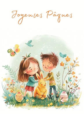 carte Lapin et enfants émerveillés pour Pâques 